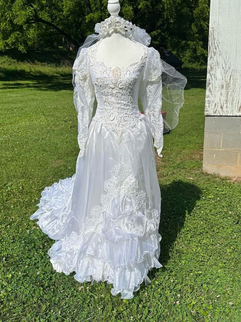 Vintage 1987 Victorian style beaded corset wedding dress with puff long sleeves